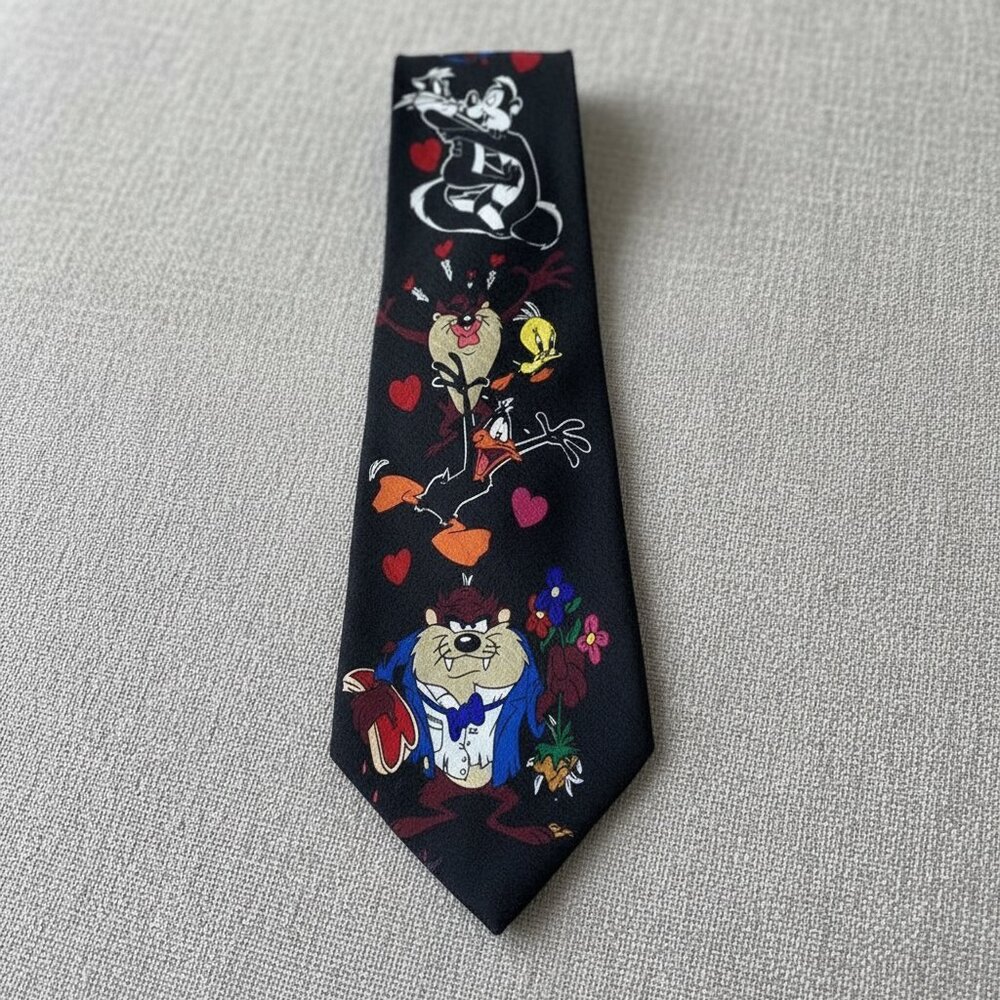 Vintage Looney Tunes Mania Neck Tie Necktie 1995 Mens Silk Black‎ Daffy Taz OS